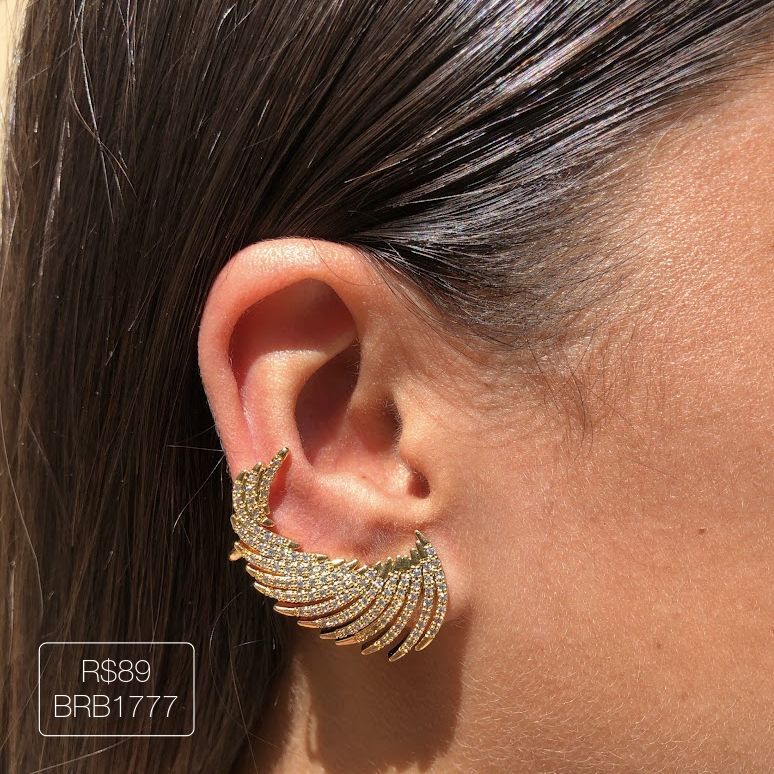 Ear Cuff Asa Max Cravejado Cristal Dourado